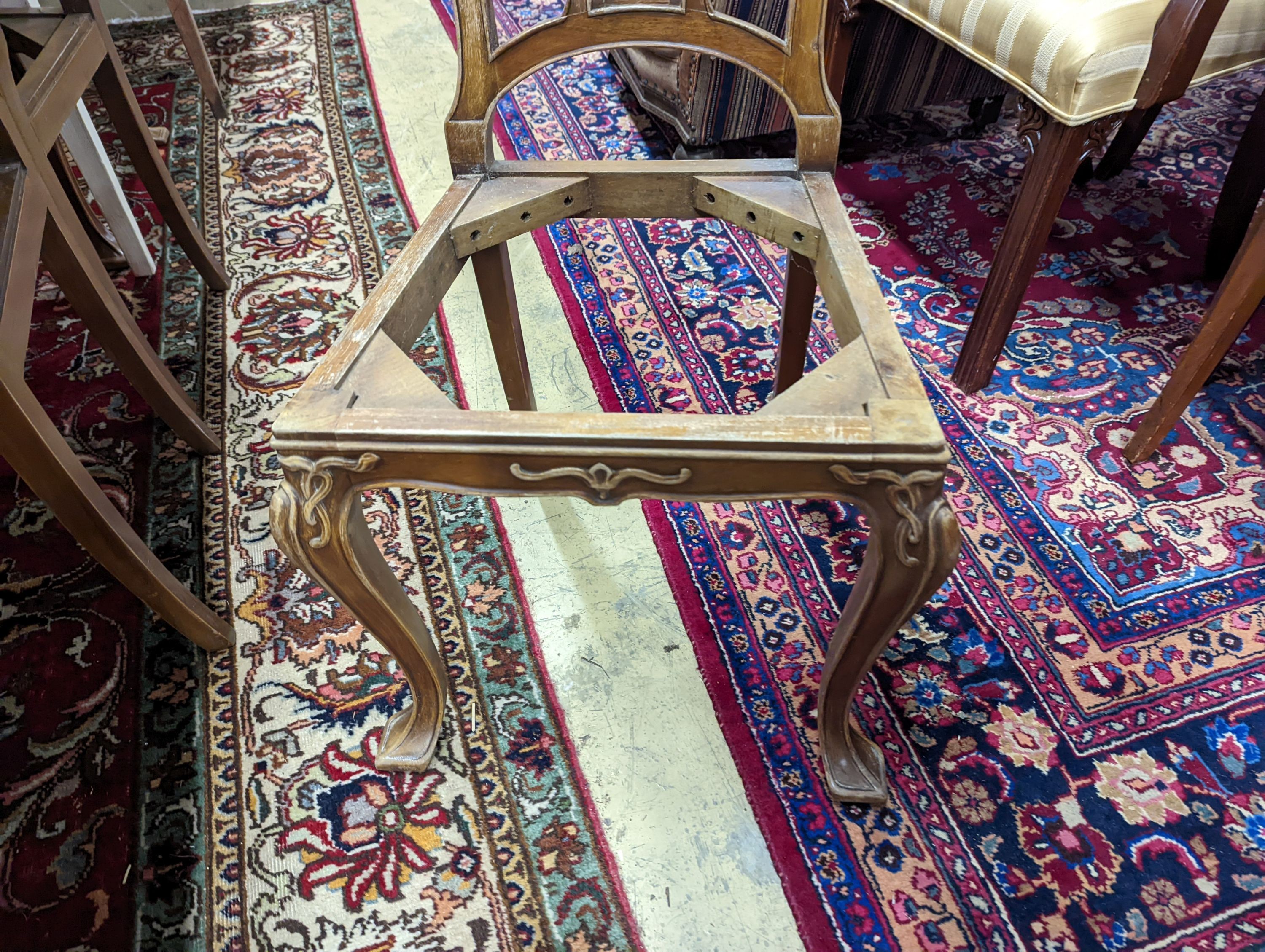 A set of six Majorelle style mahogany dining chairs (no seats). H-92cm.